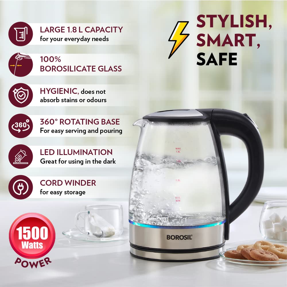 Borosil Electric Glass Kettle, Borosilicate Glass 1.8 L